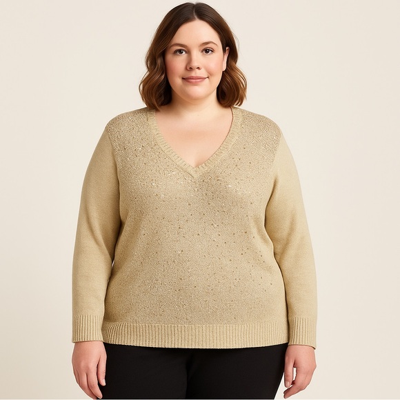 Charter Club Woman Gold Sequin V‑Neck Tunic Sweater — Size 2X - Picture 1 of 8